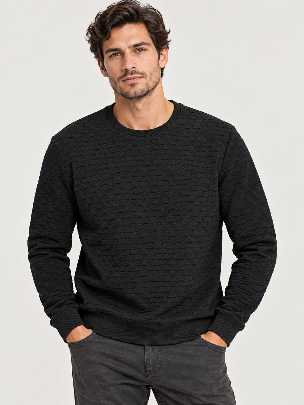 Tiger of Sweden Johnston Mens Quilted Houndstooth Sweatshirt Black Crewneck L